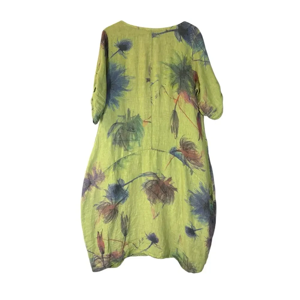 Green 100% Italian Linen Watercolor Floral Lagenlook Hobo Grunch Dress 0S Bubble